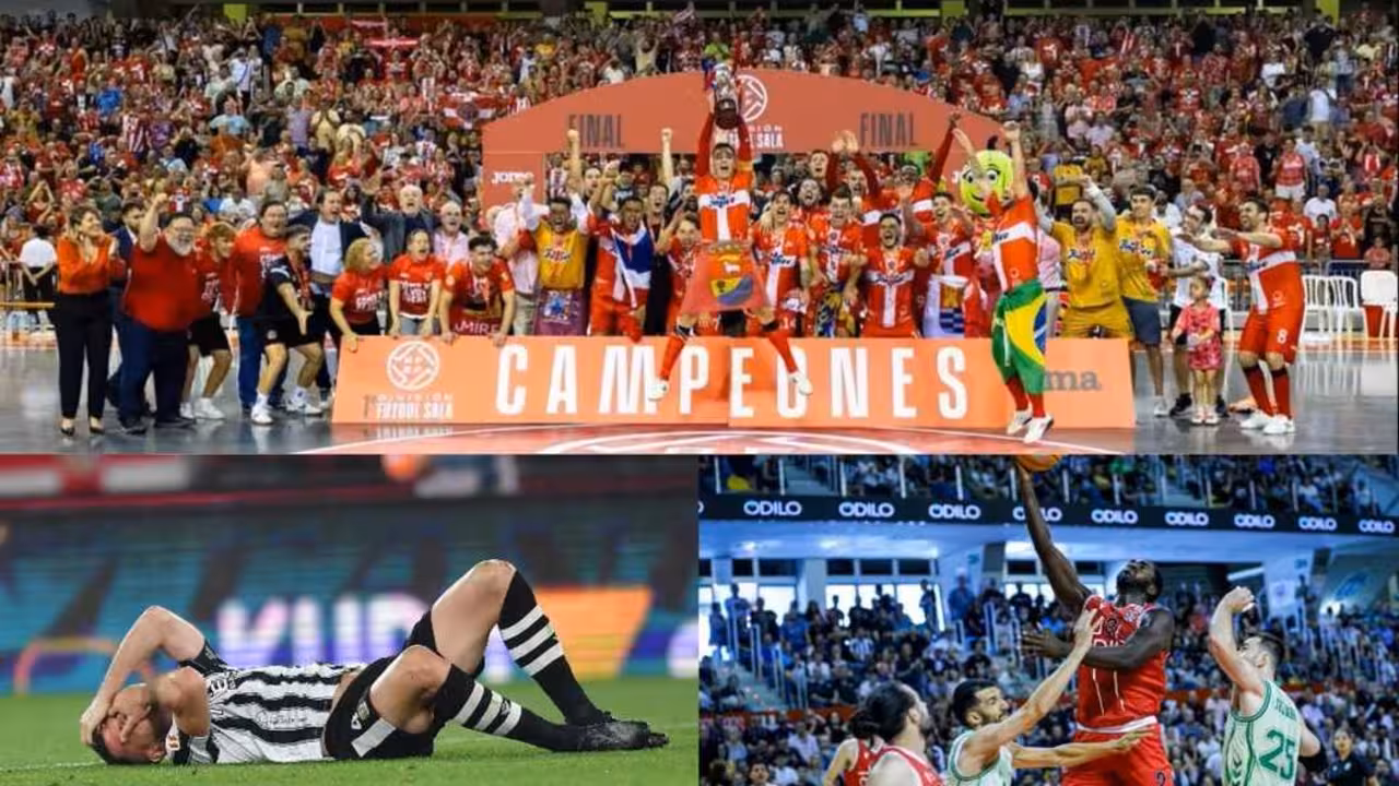 Jimbee Cartagena (arriba) el d&iacute;a que se proclam&oacute; campe&oacute;n de liga, FC Cartagena (abajo a la izda) en el momento que se consumaba su descenso a Primera RFEF y CB Cartagena (abajo a la dcha) durante el playoff de ascenso a ACB/ Fuentes im&aacute;genes: JIMBEE CARTAGENA; FC CARTAGENA Y CB CARTAGENA