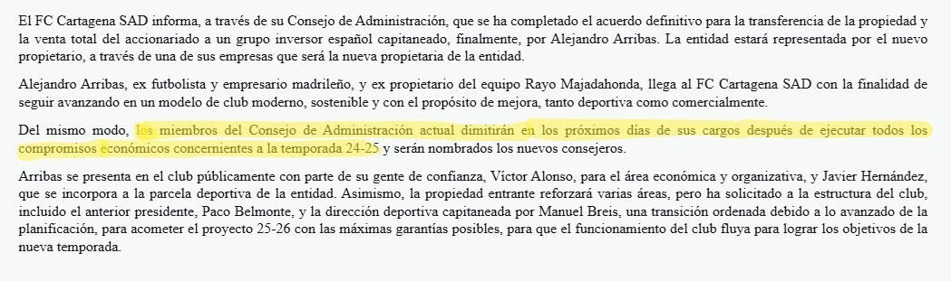 Extracto resaltado del comunicado donde se afirmaba que, una vez saldadas las deudas, dimitirían de sus cargos/Foto: FCC