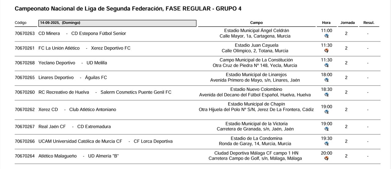 horarios jornada 2 segunda rfef